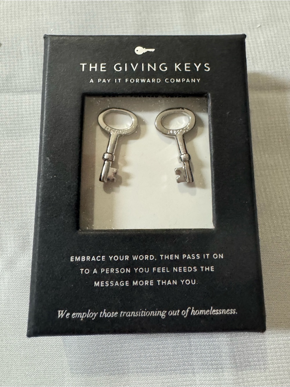 The Giving Keys “Purpose” Silver Key Earrings - Inspirational Gift - NWT in box.